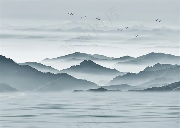 新中式抽象山水小鸟电视背景墙图片(10488X7795(DPI:72))psd模版下载