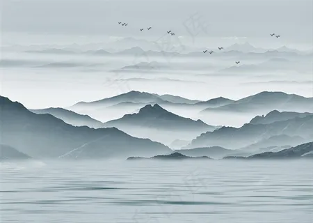 新中式抽象山水小鸟电视背景墙图片