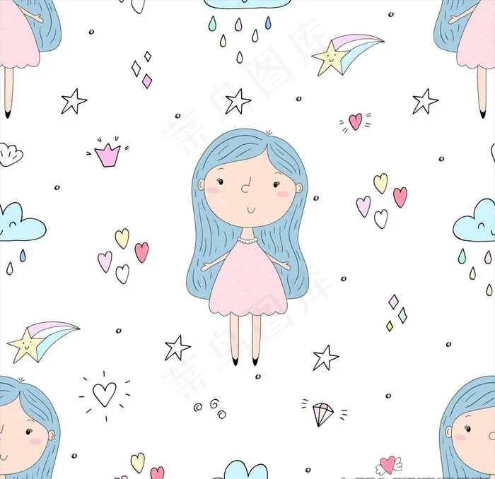 卡通小女孩四方连续底纹图片cdr矢量模版下载