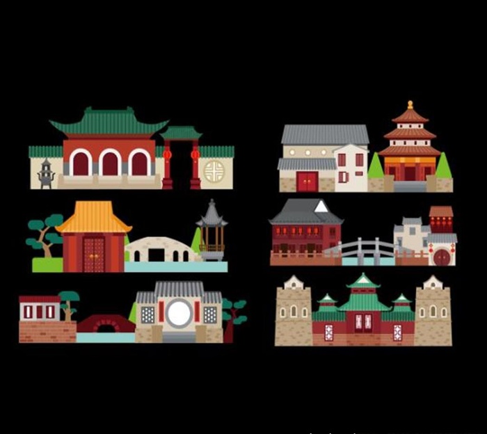 古镇插画素材图片psd模版下载