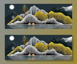 新中式金色线条山水麋鹿装饰画图片