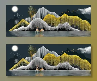 新中式金色线条山水麋鹿装饰画图片