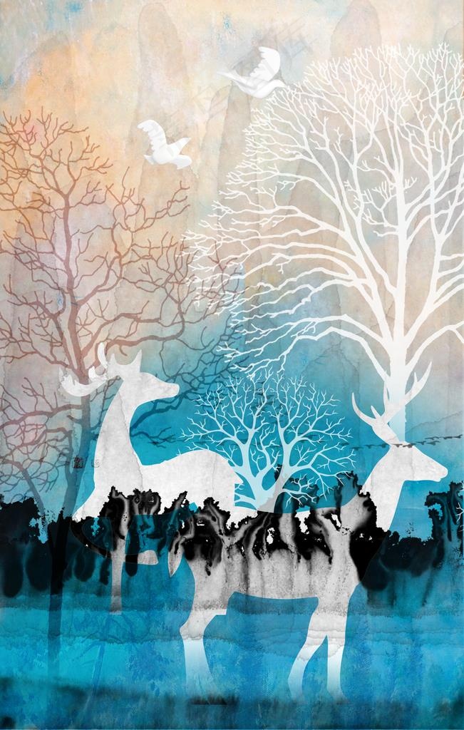 抽象森林麋鹿装饰画图片