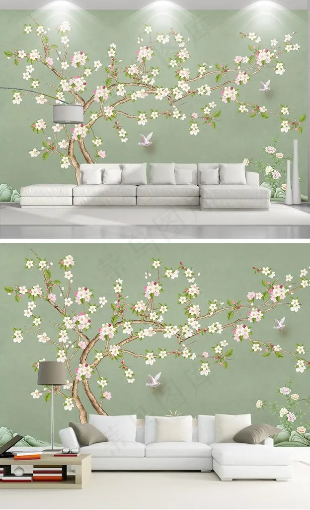 现代手绘新中式工笔花鸟背景墙图片(9071X5669(DPI:72))psd模版下载