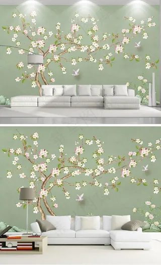 现代手绘新中式工笔花鸟背景墙图片