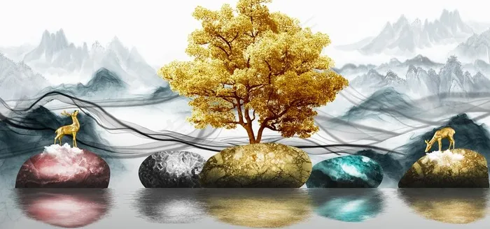 新中式意境山水大海石头装饰画图片