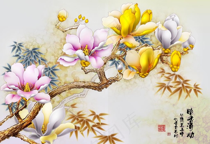 玉兰花电视背景墙图片(12000X8594(DPI:300))psd模版下载