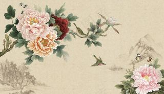 花鸟画 牡丹 飞鸟 背景墙图片
