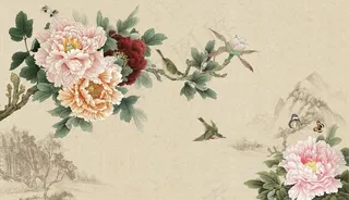 花鸟画 牡丹 飞鸟 背景墙图片