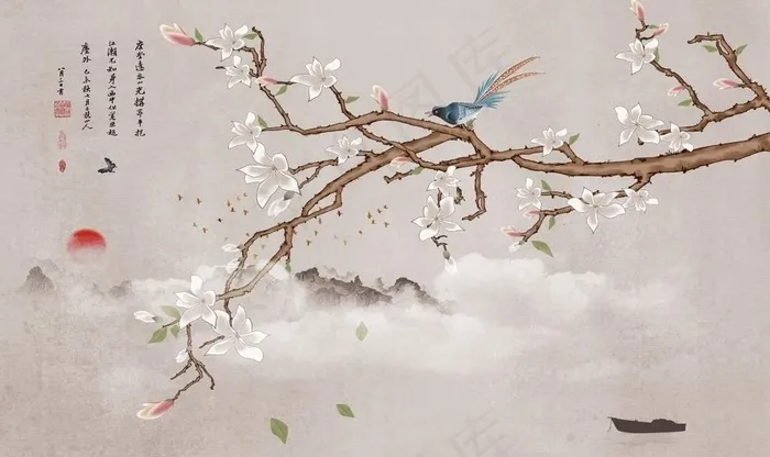 花鸟图图片(9071X5669(DPI:72))psd模版下载