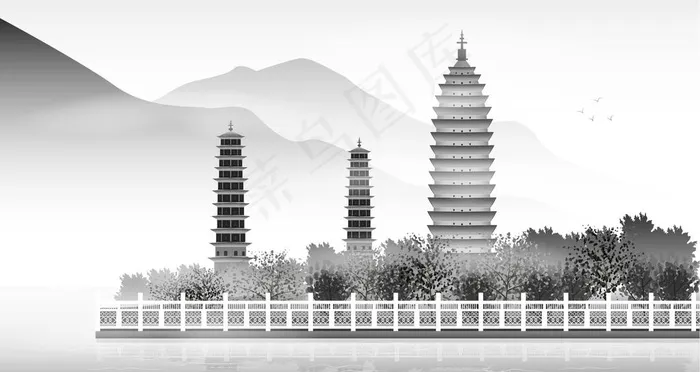 中国风大理风景矢量插画图片ai矢量模版下载