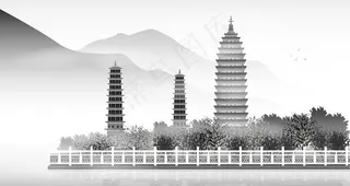 中国风大理风景矢量插画图片