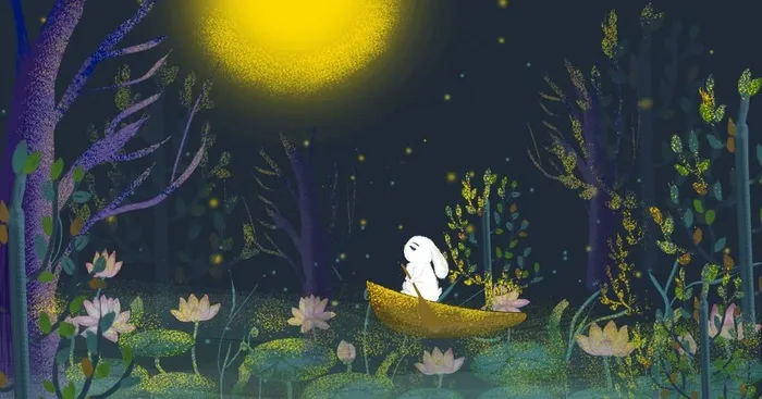 玉兔兔子月亮森林插画卡通可爱图片