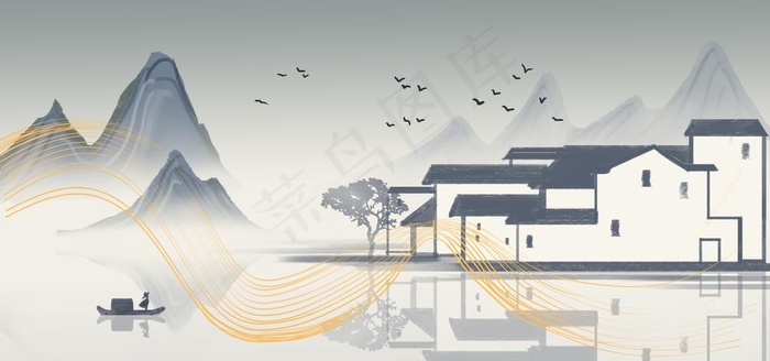 徽式建筑山水画图片psd模版下载