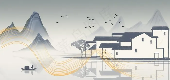 徽式建筑山水画图片psd模版下载