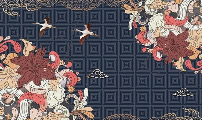 国潮  祥云 花 白鹤图片