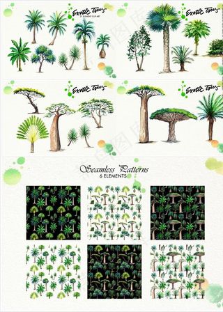 手绘树木水彩画图片