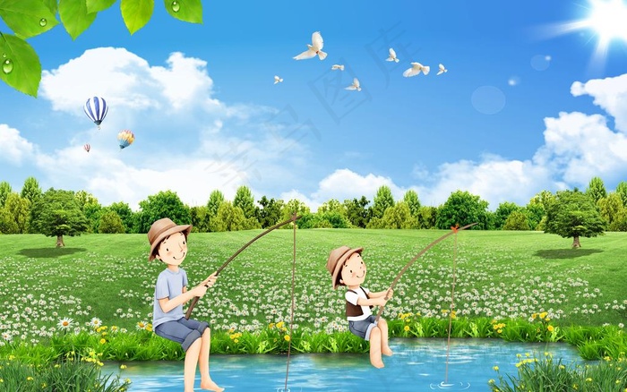 草地上钓鱼图片