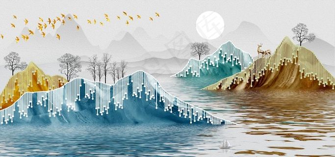 新中式金色意境山水线条装饰画图片
