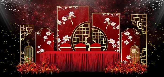 现代感新中式红色婚礼迎宾区效果图片