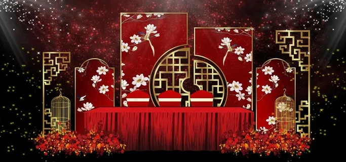 现代感新中式红色婚礼迎宾区效果图片