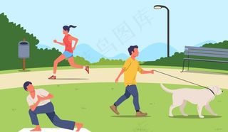 户外运动遛狗人物图片