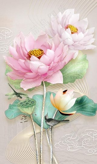 玄关荷花祥云3D背景墙图片