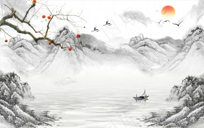 水墨山水 大雁 小船 背景墙图片(9921X6520(DPI:72))psd模版下载