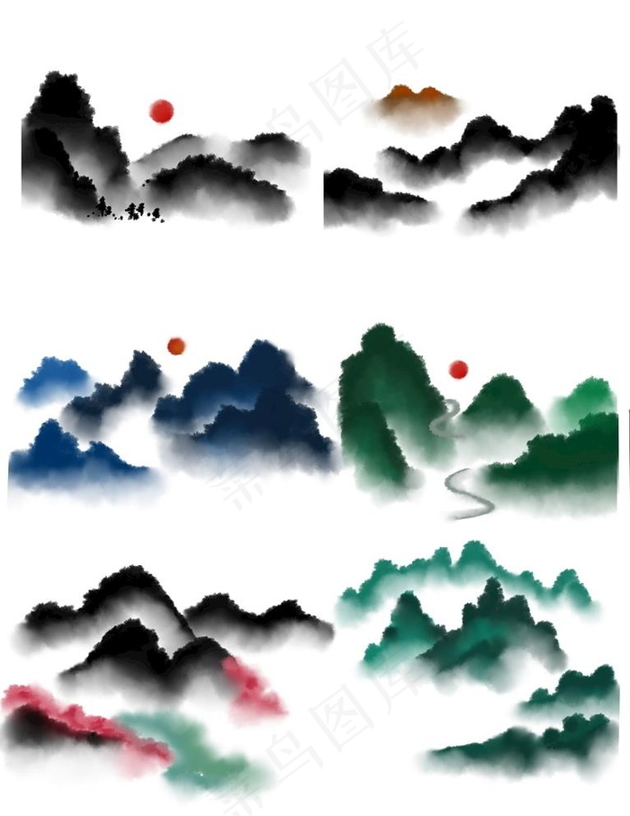 中国风山水水墨高山流水小船图片(3072X4107(DPI:300))psd模版下载