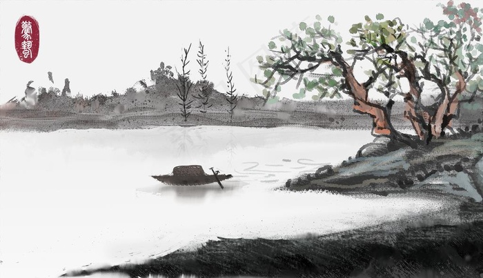 小舟湖水画图片(3320X2015(DPI:300))psd模版下载