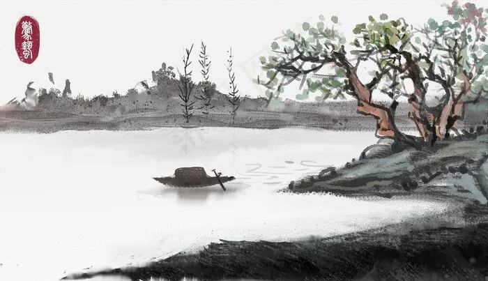 小舟湖水画图片(3320X2015(DPI:300))psd模版下载