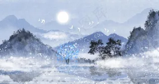 中国风青色唯美水墨山水背景插画图片