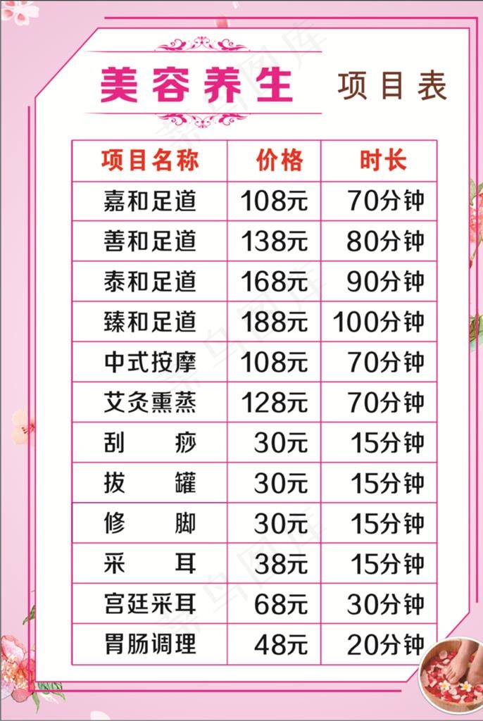 美容养生价格表图片
