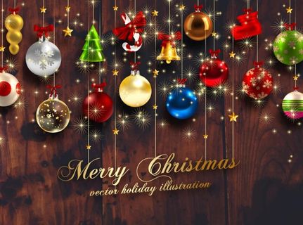 缤纷圣诞挂饰木纹背景矢量素材_图片