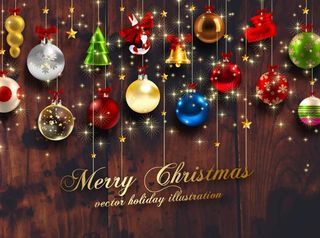 缤纷圣诞挂饰木纹背景矢量素材_图片