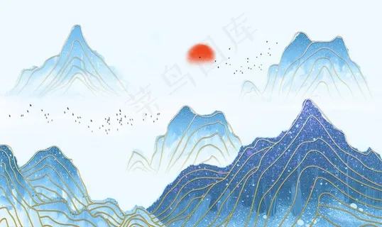 新中式蓝色山水风景金色背景墙图片