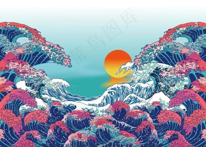 手绘海浪风景图片ai矢量模版下载