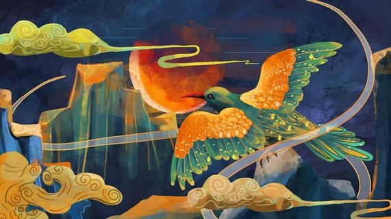 重彩仙鹤插画图片