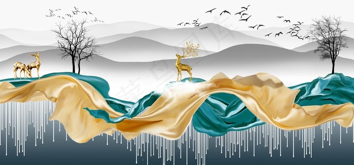 新中式丝绸飘带意境手绘装饰画图片