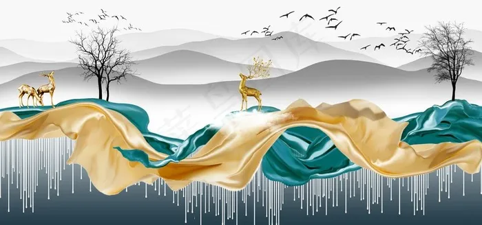 新中式丝绸飘带意境手绘装饰画图片