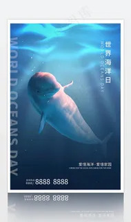 蓝色简约风格世界海洋日白鲸海报图片