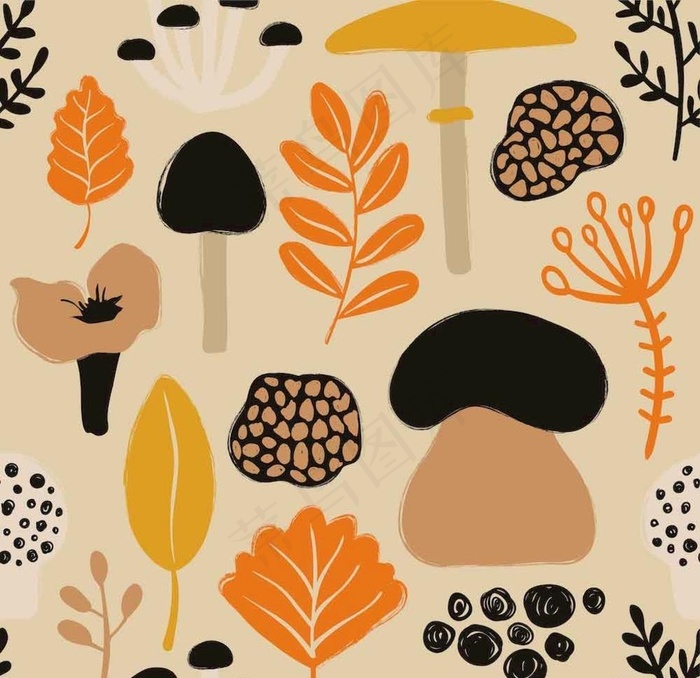 暖色温馨蘑菇创意抽象图案无缝背图片