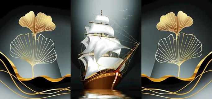 新中式手绘鎏金银杏树叶子装饰画图片