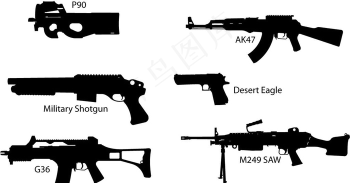 枪支剪影图片ai矢量模版下载