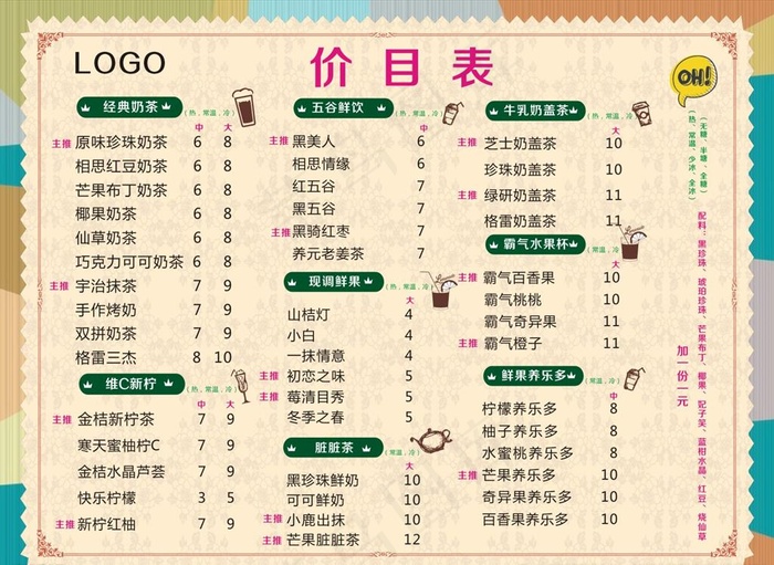 奶茶价目表图片cdr矢量模版下载