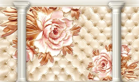 浮雕牡丹罗马柱软包电视背景墙图片 浮雕牡丹罗马柱软包电视背景墙图片