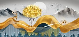 新中式丝绸飘带山水装饰画图片