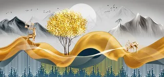 新中式丝绸飘带山水装饰画图片