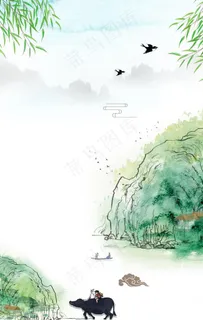 淡绿色夏日牧童国画图片 淡绿色夏日牧童国画图片