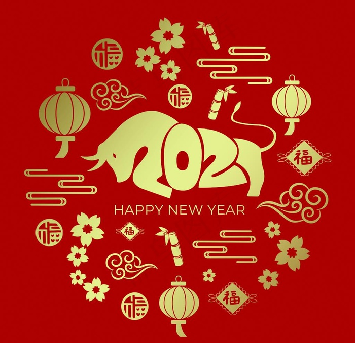 2021中国新年红色牛烫金海报图片(1200X1200(DPI:300))psd模版下载